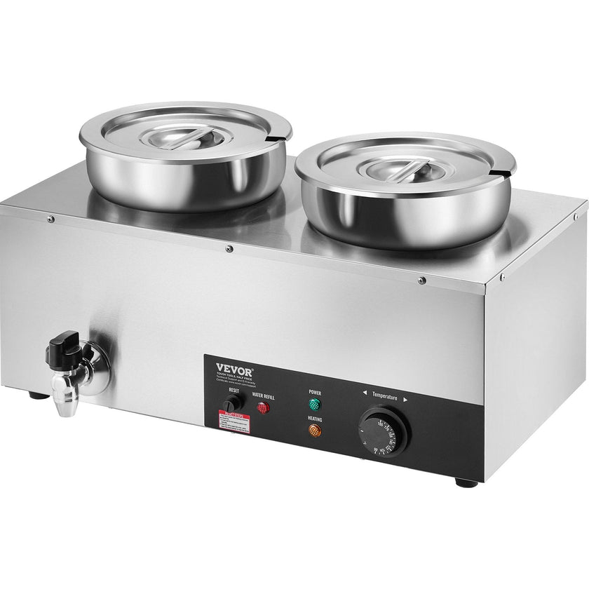 VEVOR Electric Soup Warmer, Dual 7.4QT Stainless Steel Round Pot 86~185°F Adjustable Temp, 1200W Commercial Bain Marie with Anti-dry Burn and Reset Button, Soup Station for Restaurant, Buffet, Silver
