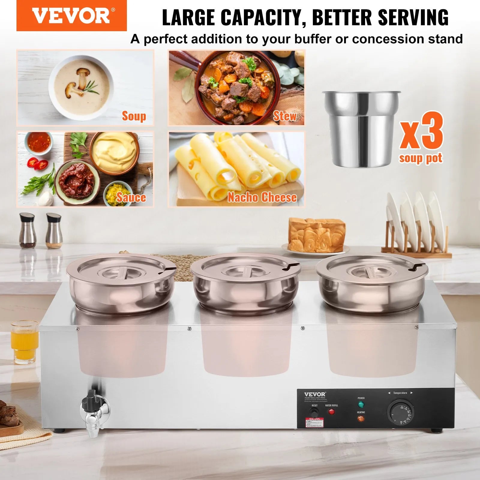 VEVOR Electric Soup Warmer, Three 7.4QT Stainless Steel Round Pot 86~185°F Adjustable Temp, 1200W Commercial Bain Marie with Anti-dry Burn and Reset Button, Soup Station for Restaurant, Buffet, Silver