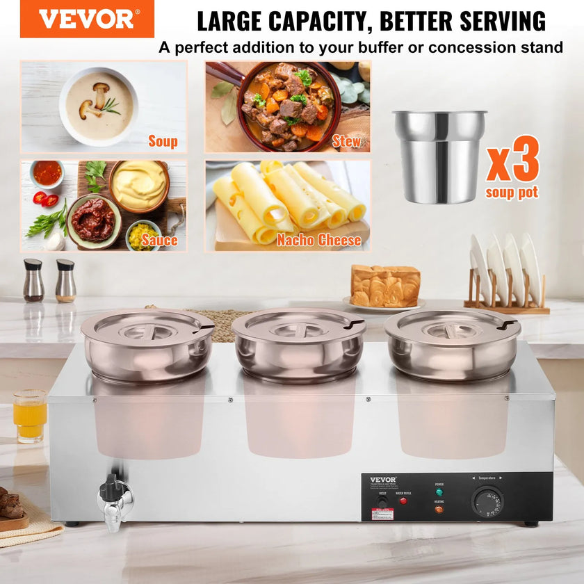 VEVOR Electric Soup Warmer, Three 7.4QT Stainless Steel Round Pot 86~185°F Adjustable Temp, 1200W Commercial Bain Marie with Anti-dry Burn and Reset Button, Soup Station for Restaurant, Buffet, Silver