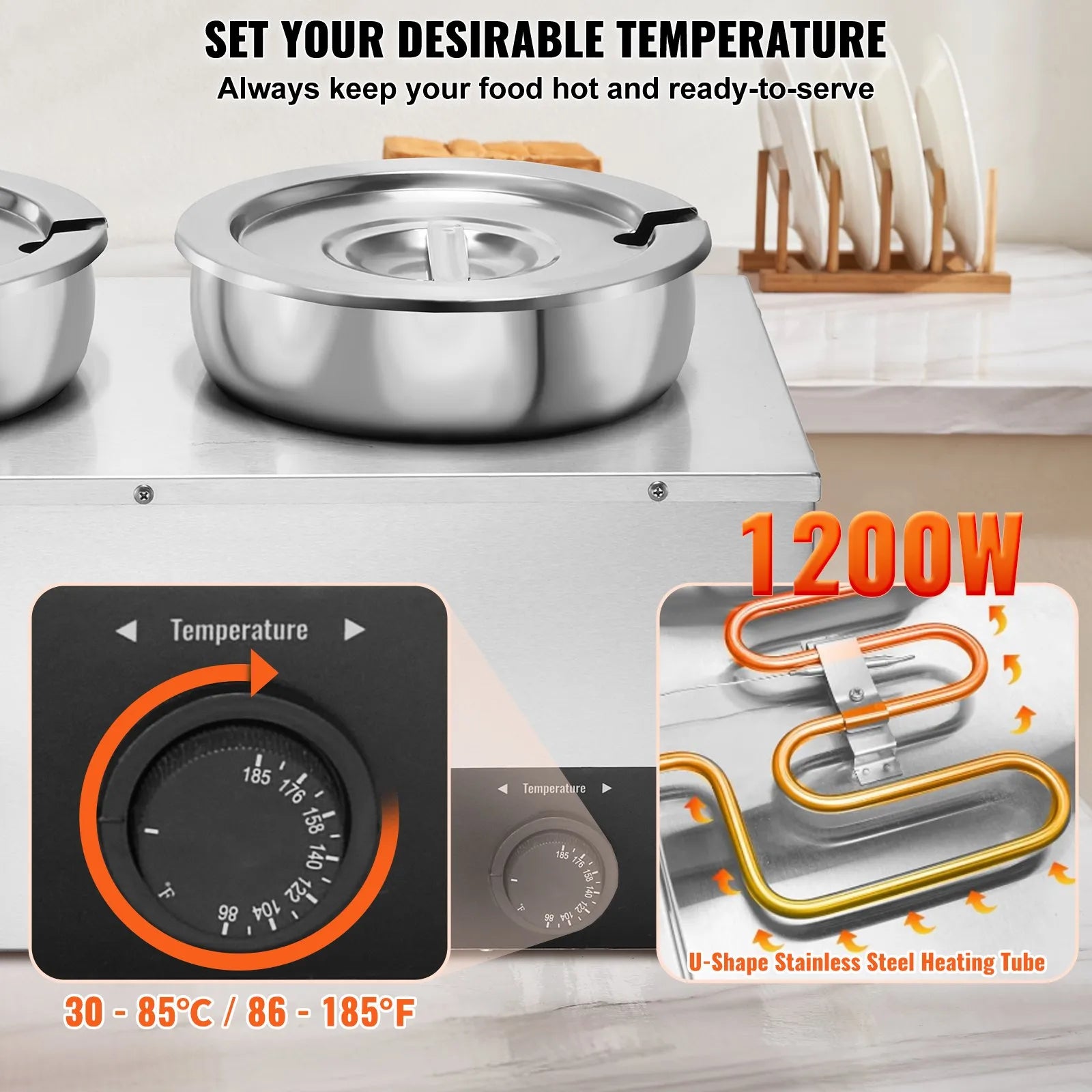 VEVOR Electric Soup Warmer, Three 7.4QT Stainless Steel Round Pot 86~185°F Adjustable Temp, 1200W Commercial Bain Marie with Anti-dry Burn and Reset Button, Soup Station for Restaurant, Buffet, Silver