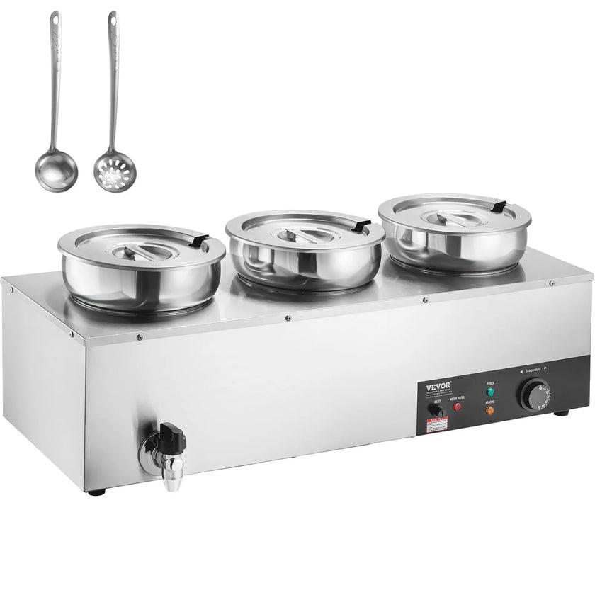 VEVOR Electric Soup Warmer, Three 7.4QT Stainless Steel Round Pot 86~185°F Adjustable Temp, 1200W Commercial Bain Marie with Anti-dry Burn and Reset Button, Soup Station for Restaurant, Buffet, Silver
