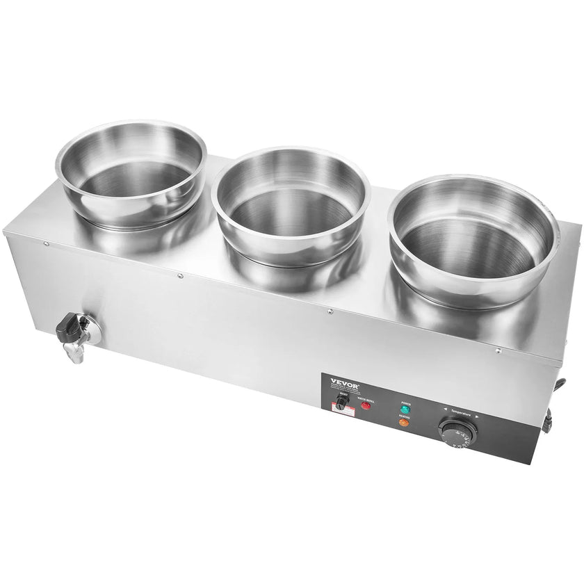 VEVOR Electric Soup Warmer, Three 7.4QT Stainless Steel Round Pot 86~185°F Adjustable Temp, 1200W Commercial Bain Marie with Anti-dry Burn and Reset Button, Soup Station for Restaurant, Buffet, Silver