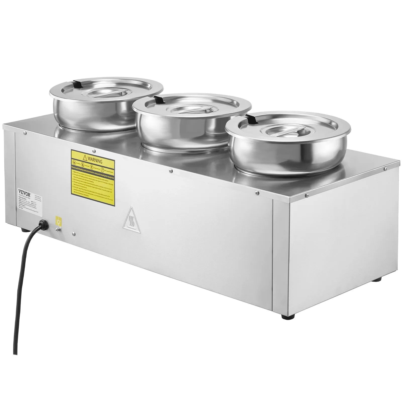 VEVOR Electric Soup Warmer, Three 7.4QT Stainless Steel Round Pot 86~185°F Adjustable Temp, 1200W Commercial Bain Marie with Anti-dry Burn and Reset Button, Soup Station for Restaurant, Buffet, Silver