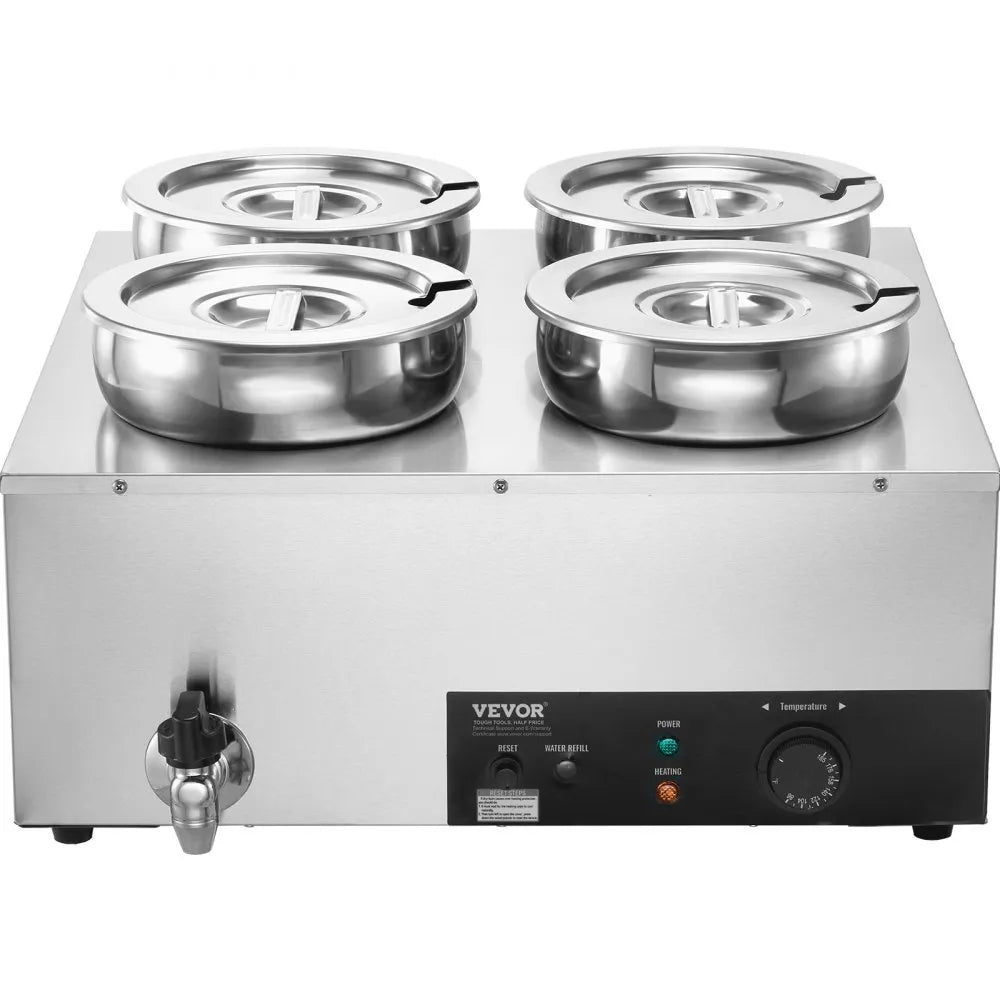 VEVOR Electric Soup Warmer, Four 7.4QT Stainless Steel Round Pot 86~185°F Adjustable Temp, 1500W Commercial Bain Marie with Anti-dry Burn and Reset Button, Soup Station for Restaurant, Buffet, Silver