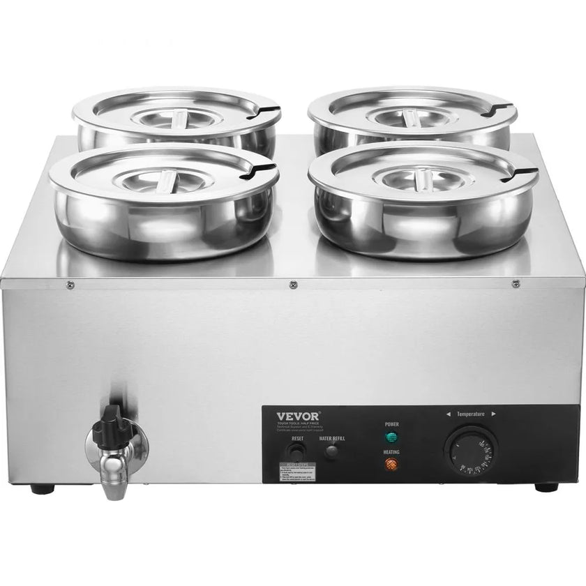 VEVOR Electric Soup Warmer, Four 7.4QT Stainless Steel Round Pot 86~185°F Adjustable Temp, 1500W Commercial Bain Marie with Anti-dry Burn and Reset Button, Soup Station for Restaurant, Buffet, Silver