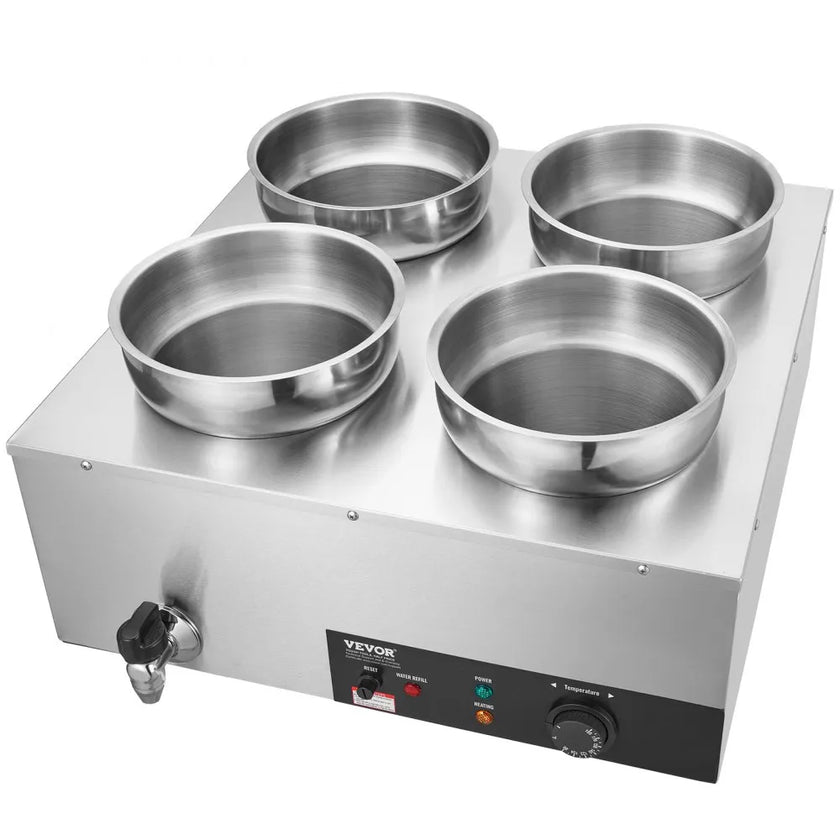 VEVOR Electric Soup Warmer, Four 7.4QT Stainless Steel Round Pot 86~185°F Adjustable Temp, 1500W Commercial Bain Marie with Anti-dry Burn and Reset Button, Soup Station for Restaurant, Buffet, Silver