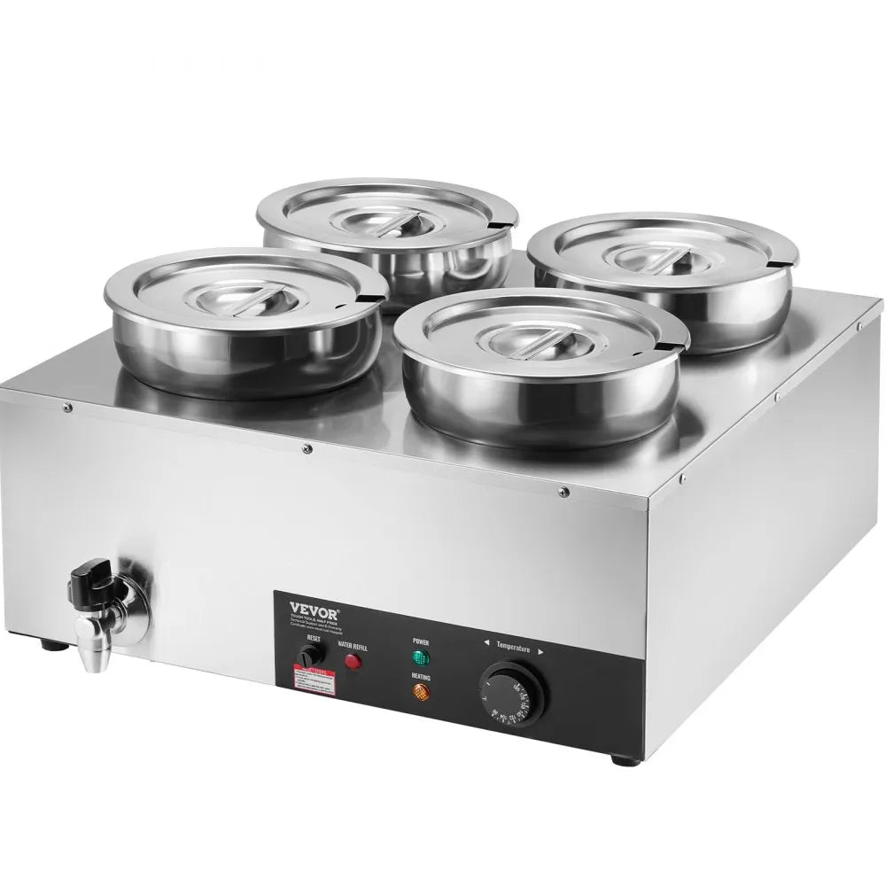 VEVOR Electric Soup Warmer, Four 7.4QT Stainless Steel Round Pot 86~185°F Adjustable Temp, 1500W Commercial Bain Marie with Anti-dry Burn and Reset Button, Soup Station for Restaurant, Buffet, Silver