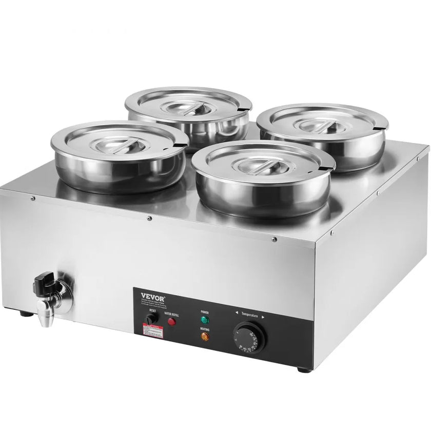 VEVOR Electric Soup Warmer, Four 7.4QT Stainless Steel Round Pot 86~185°F Adjustable Temp, 1500W Commercial Bain Marie with Anti-dry Burn and Reset Button, Soup Station for Restaurant, Buffet, Silver