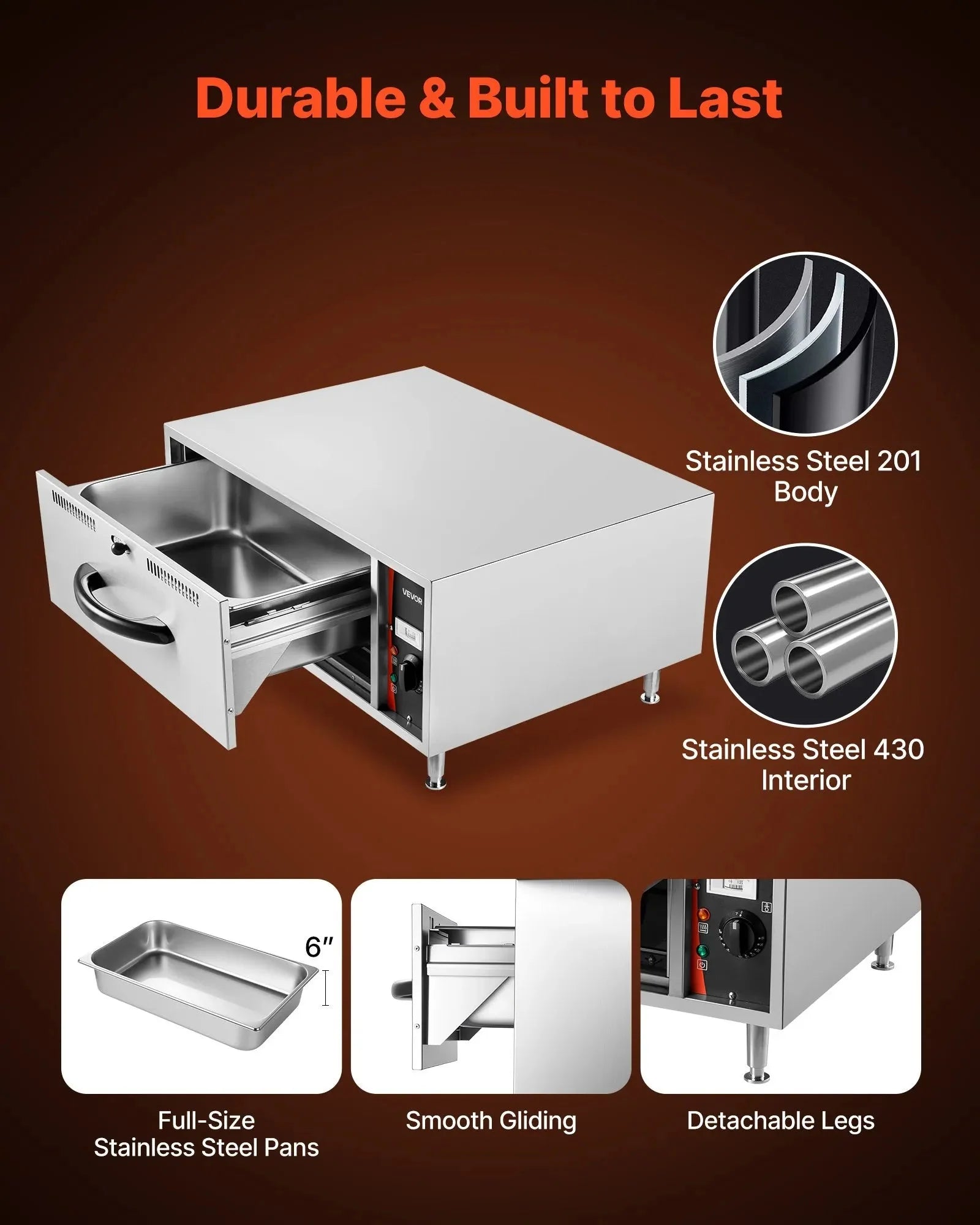 VEVOR Commercial Electric Drawer Warmer, Single-Drawer Stainless Steel Food Warmer, Freestanding Standard Warming Drawer Cabinet, 85°F–185°F Wide Temperature Range, for Restaurant, Hotel & Bakery