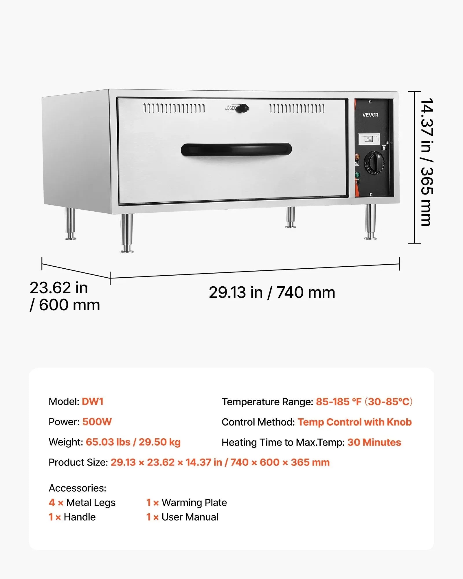 VEVOR Commercial Electric Drawer Warmer, Single-Drawer Stainless Steel Food Warmer, Freestanding Standard Warming Drawer Cabinet, 85°F–185°F Wide Temperature Range, for Restaurant, Hotel & Bakery