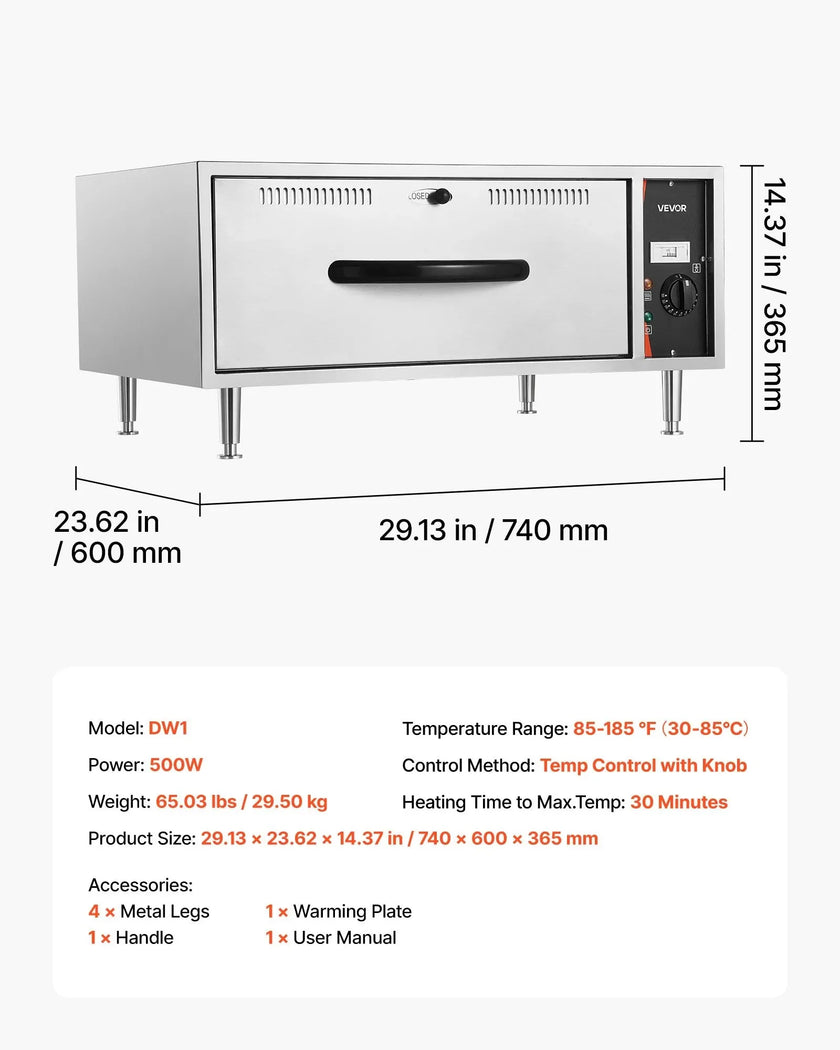 VEVOR Commercial Electric Drawer Warmer, Single-Drawer Stainless Steel Food Warmer, Freestanding Standard Warming Drawer Cabinet, 85°F–185°F Wide Temperature Range, for Restaurant, Hotel & Bakery