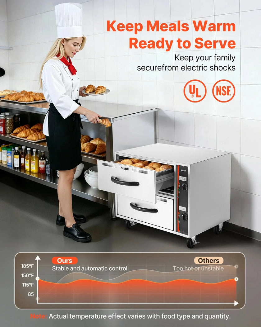 VEVOR Commercial Electric Drawer Warmer, Two-Drawer Stainless Steel Food Warmer, Freestanding Standard Warming Drawer Cabinet, 85°F–185°F Wide Temperature Range, for Restaurant, Hotel Buffet & Bakery