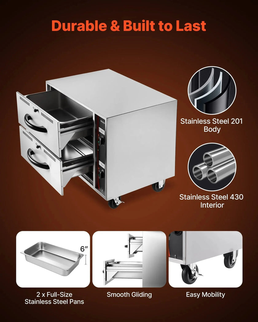 VEVOR Commercial Electric Drawer Warmer, Two-Drawer Stainless Steel Food Warmer, Freestanding Standard Warming Drawer Cabinet, 85°F–185°F Wide Temperature Range, for Restaurant, Hotel Buffet & Bakery