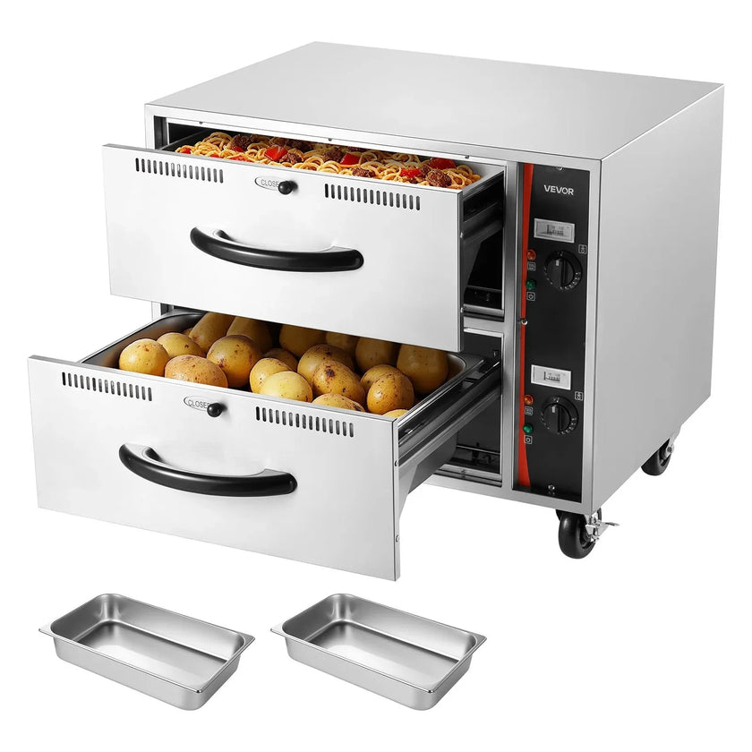 VEVOR Commercial Electric Drawer Warmer, Two-Drawer Stainless Steel Food Warmer, Freestanding Standard Warming Drawer Cabinet, 85°F–185°F Wide Temperature Range, for Restaurant, Hotel Buffet & Bakery