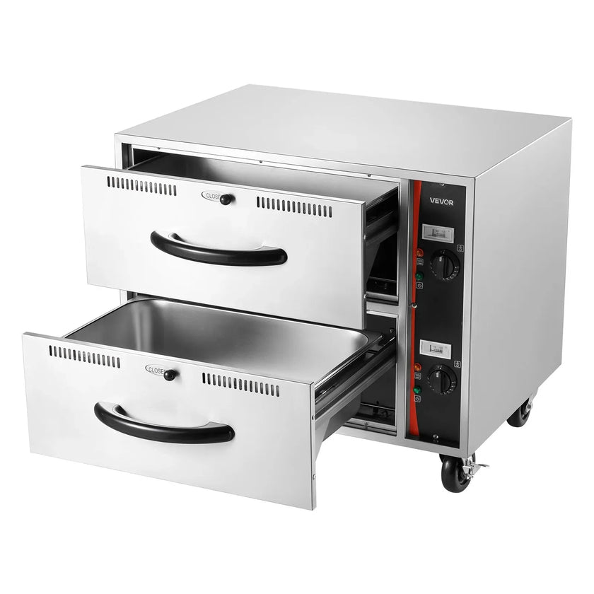 VEVOR Commercial Electric Drawer Warmer, Two-Drawer Stainless Steel Food Warmer, Freestanding Standard Warming Drawer Cabinet, 85°F–185°F Wide Temperature Range, for Restaurant, Hotel Buffet & Bakery