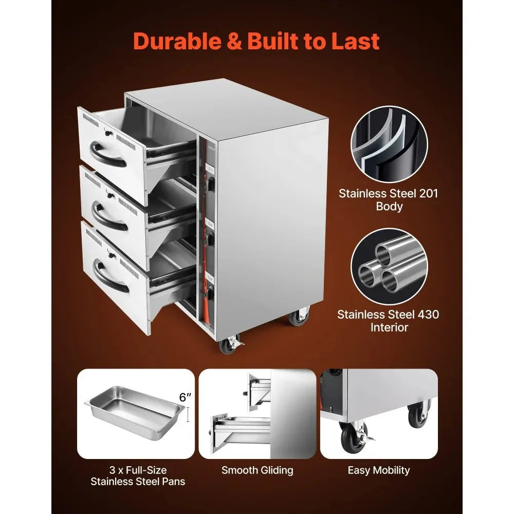 VEVOR Commercial Electric Drawer Warmer, Three-Drawer Stainless Steel Food Warmer, Freestanding Standard Warming Drawer Cabinet, 85°F–185°F Wide Temperature Range, for Restaurant, Hotel Buffet, Bakery