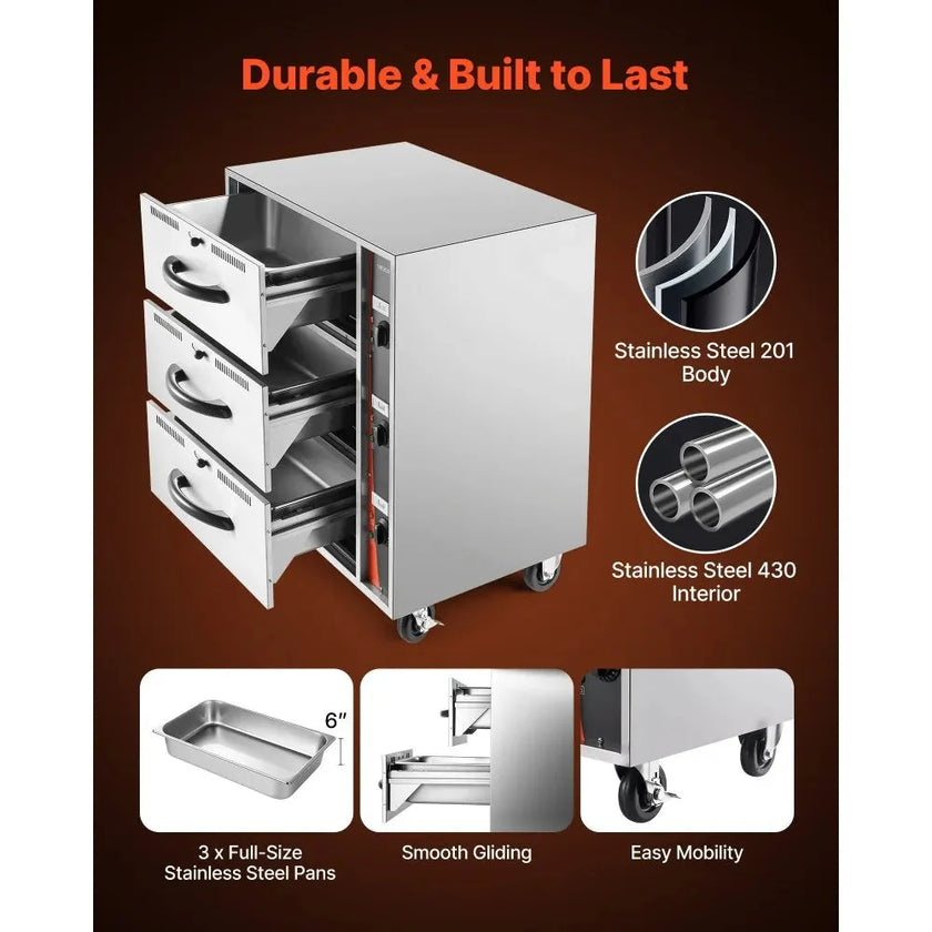 VEVOR Commercial Electric Drawer Warmer, Three-Drawer Stainless Steel Food Warmer, Freestanding Standard Warming Drawer Cabinet, 85°F–185°F Wide Temperature Range, for Restaurant, Hotel Buffet, Bakery