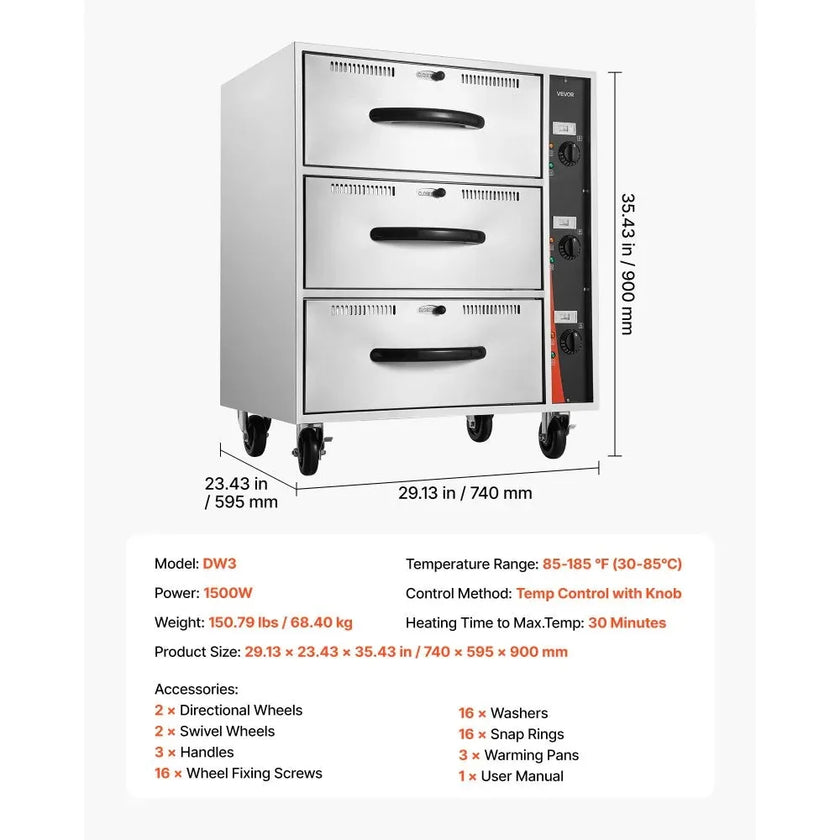 VEVOR Commercial Electric Drawer Warmer, Three-Drawer Stainless Steel Food Warmer, Freestanding Standard Warming Drawer Cabinet, 85°F–185°F Wide Temperature Range, for Restaurant, Hotel Buffet, Bakery