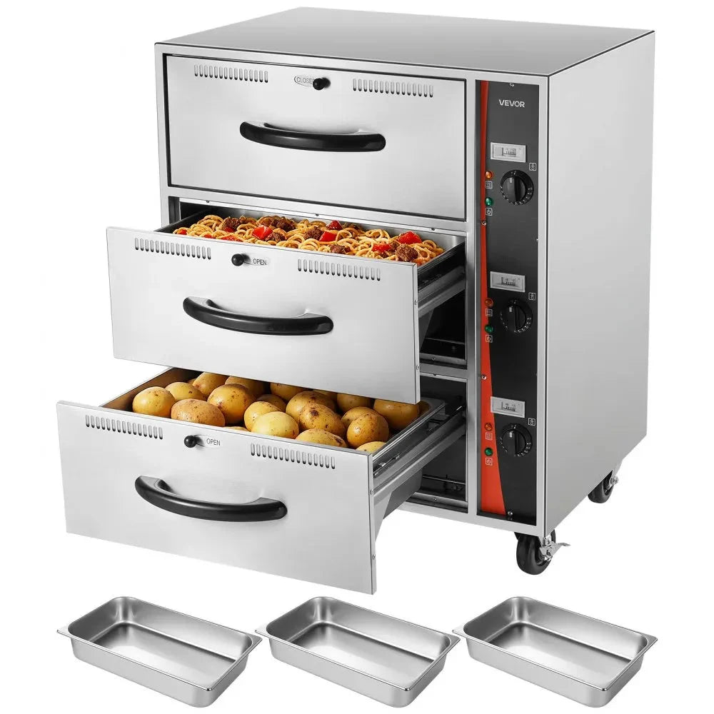 VEVOR Commercial Electric Drawer Warmer, Three-Drawer Stainless Steel Food Warmer, Freestanding Standard Warming Drawer Cabinet, 85°F–185°F Wide Temperature Range, for Restaurant, Hotel Buffet, Bakery