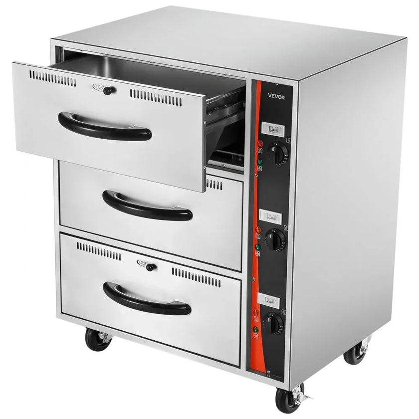 VEVOR Commercial Electric Drawer Warmer, Three-Drawer Stainless Steel Food Warmer, Freestanding Standard Warming Drawer Cabinet, 85°F–185°F Wide Temperature Range, for Restaurant, Hotel Buffet, Bakery