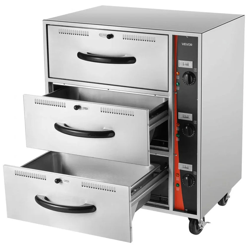 VEVOR Commercial Electric Drawer Warmer, Three-Drawer Stainless Steel Food Warmer, Freestanding Standard Warming Drawer Cabinet, 85°F–185°F Wide Temperature Range, for Restaurant, Hotel Buffet, Bakery