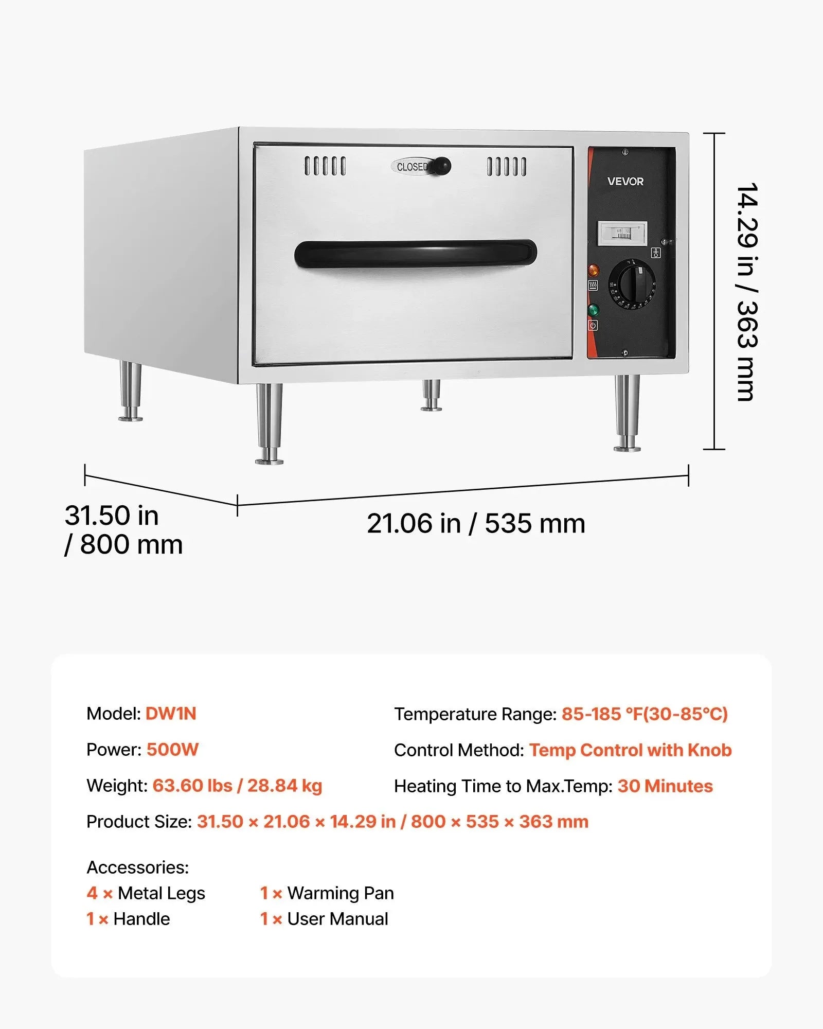 VEVOR Commercial Electric Drawer Warmer, Single-Drawer Stainless Steel Food Warmer, Freestanding Slim Warming Drawer Cabinet, 85°F–185°F Wide Temperature Range, for Restaurant, Hotel, Bakery & Kitchen