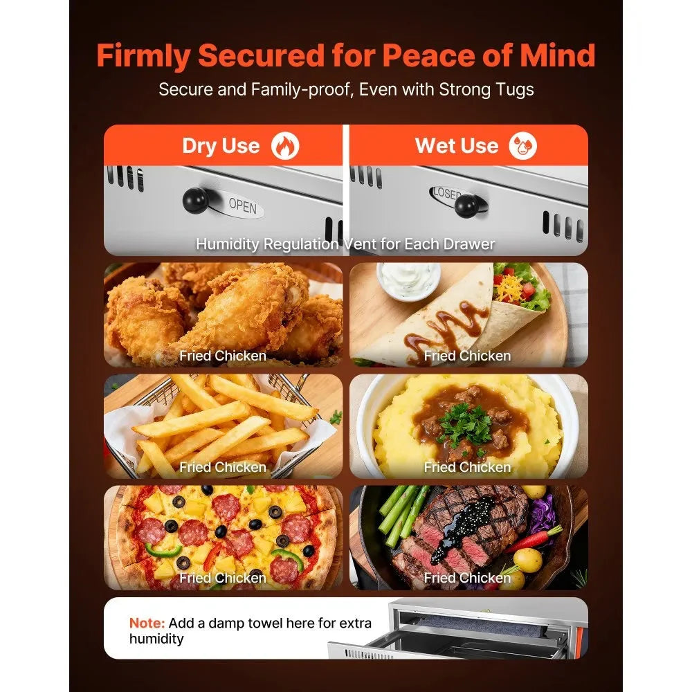 VEVOR Commercial Electric Drawer Warmer, 2 Full-Size Pan Stainless Steel Food Warmer, Freestanding Standard Warming Drawer Cabinet, 85°F–185°F Wide Temperature Range, for Restaurant, Hotel Buffet & Bakery