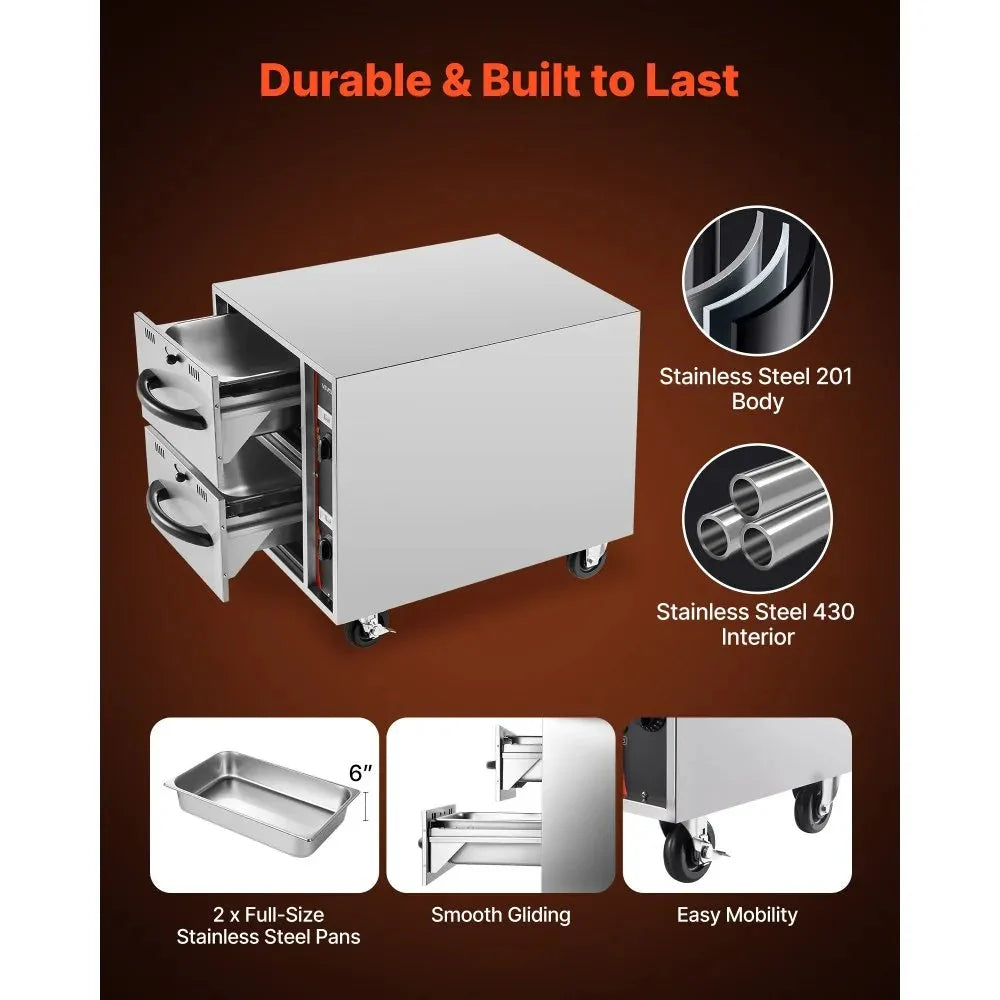 VEVOR Commercial Electric Drawer Warmer, 2 Full-Size Pan Stainless Steel Food Warmer, Freestanding Standard Warming Drawer Cabinet, 85°F–185°F Wide Temperature Range, for Restaurant, Hotel Buffet & Bakery