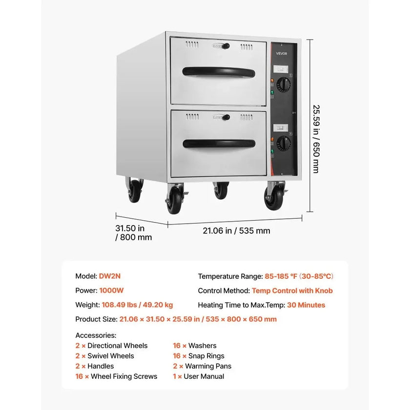 VEVOR Commercial Electric Drawer Warmer, 2 Full-Size Pan Stainless Steel Food Warmer, Freestanding Standard Warming Drawer Cabinet, 85°F–185°F Wide Temperature Range, for Restaurant, Hotel Buffet & Bakery
