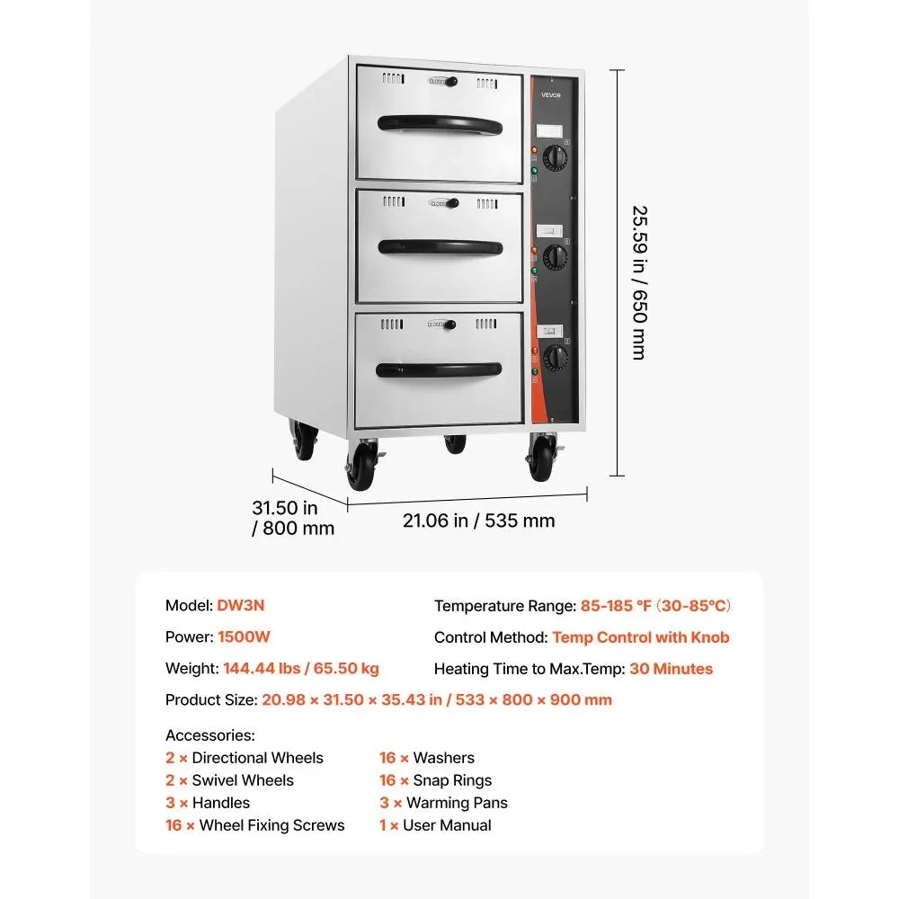 VEVOR Commercial Electric Drawer Warmer, Three-Drawer Stainless Steel Food Warmer, Freestanding Compact Warming Drawer Cabinet, 85°F–185°F Wide Temperature Range, for Restaurant, Hotel Buffet & Bakery