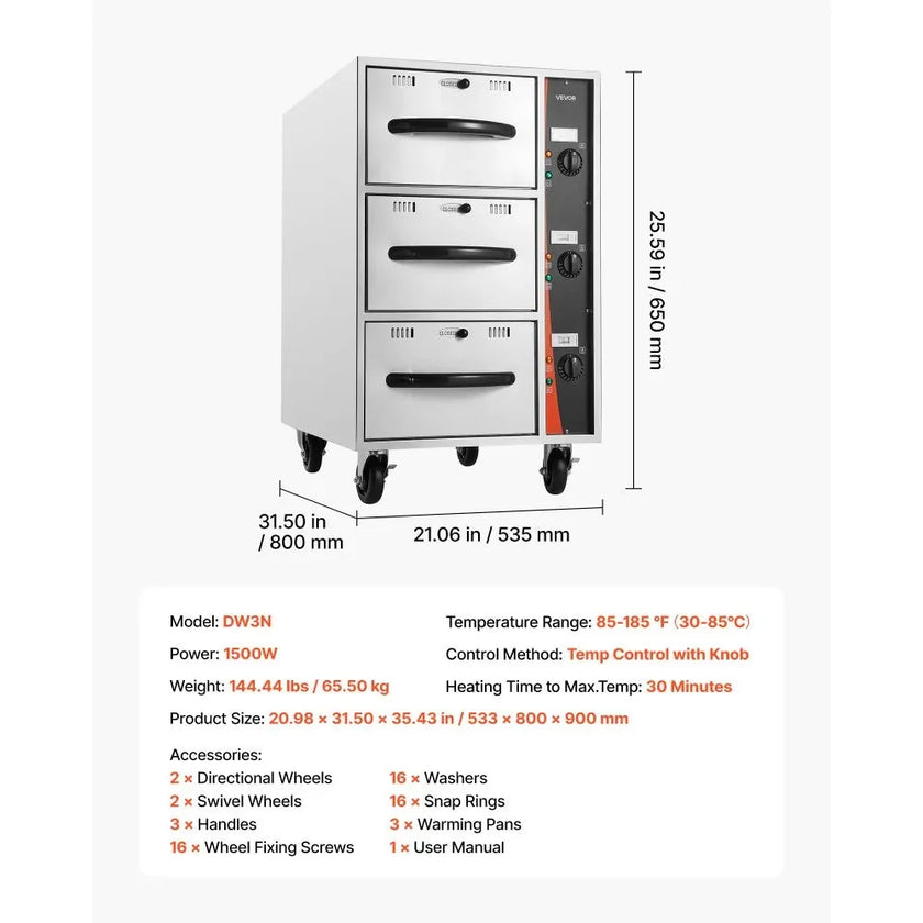 VEVOR Commercial Electric Drawer Warmer, Three-Drawer Stainless Steel Food Warmer, Freestanding Compact Warming Drawer Cabinet, 85°F–185°F Wide Temperature Range, for Restaurant, Hotel Buffet & Bakery