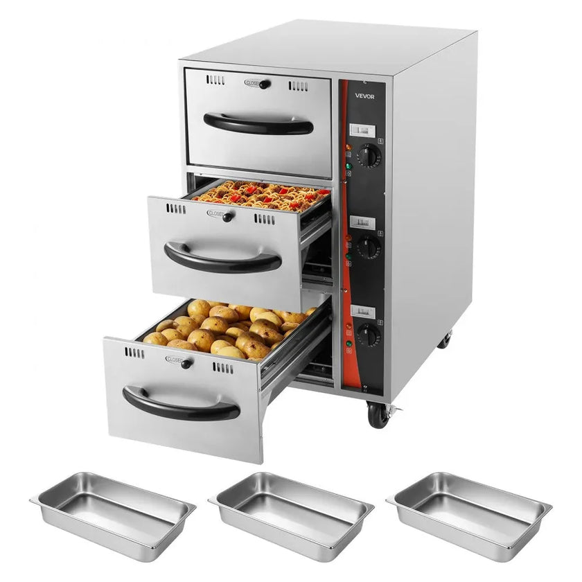 VEVOR Commercial Electric Drawer Warmer, Three-Drawer Stainless Steel Food Warmer, Freestanding Compact Warming Drawer Cabinet, 85°F–185°F Wide Temperature Range, for Restaurant, Hotel Buffet & Bakery