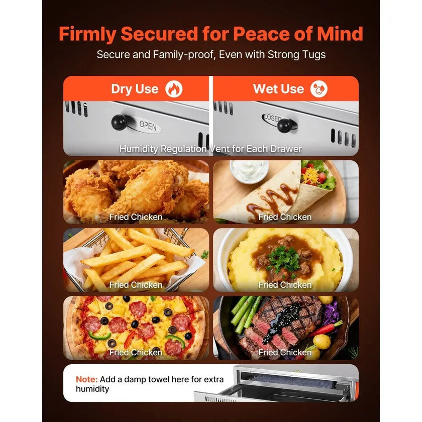 VEVOR Commercial Electric Drawer Warmer, Single-Drawer Stainless Steel Food Warmer, Built-in Installation Warming Drawer Cabinet, 85°F–185°F Wide Temperature Range, for Restaurant, Hotel & Bakery