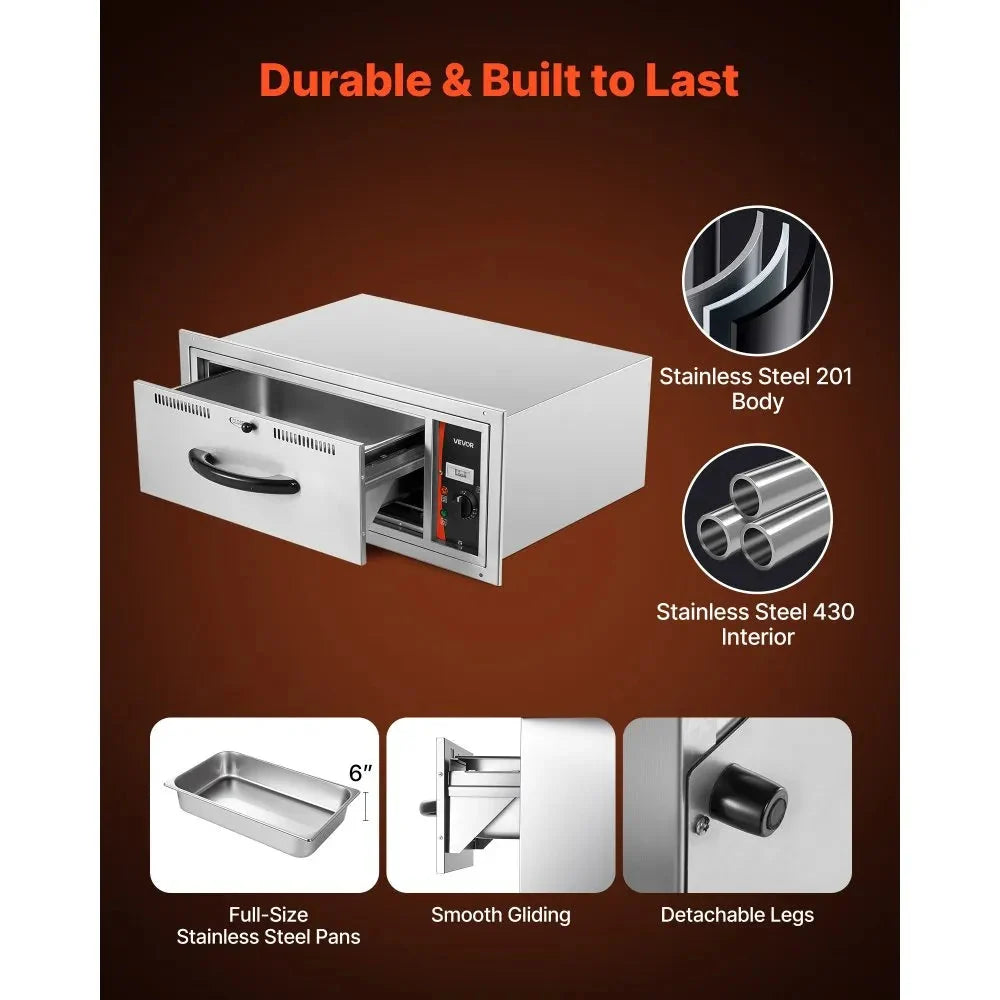 VEVOR Commercial Electric Drawer Warmer, Single-Drawer Stainless Steel Food Warmer, Built-in Installation Warming Drawer Cabinet, 85°F–185°F Wide Temperature Range, for Restaurant, Hotel & Bakery