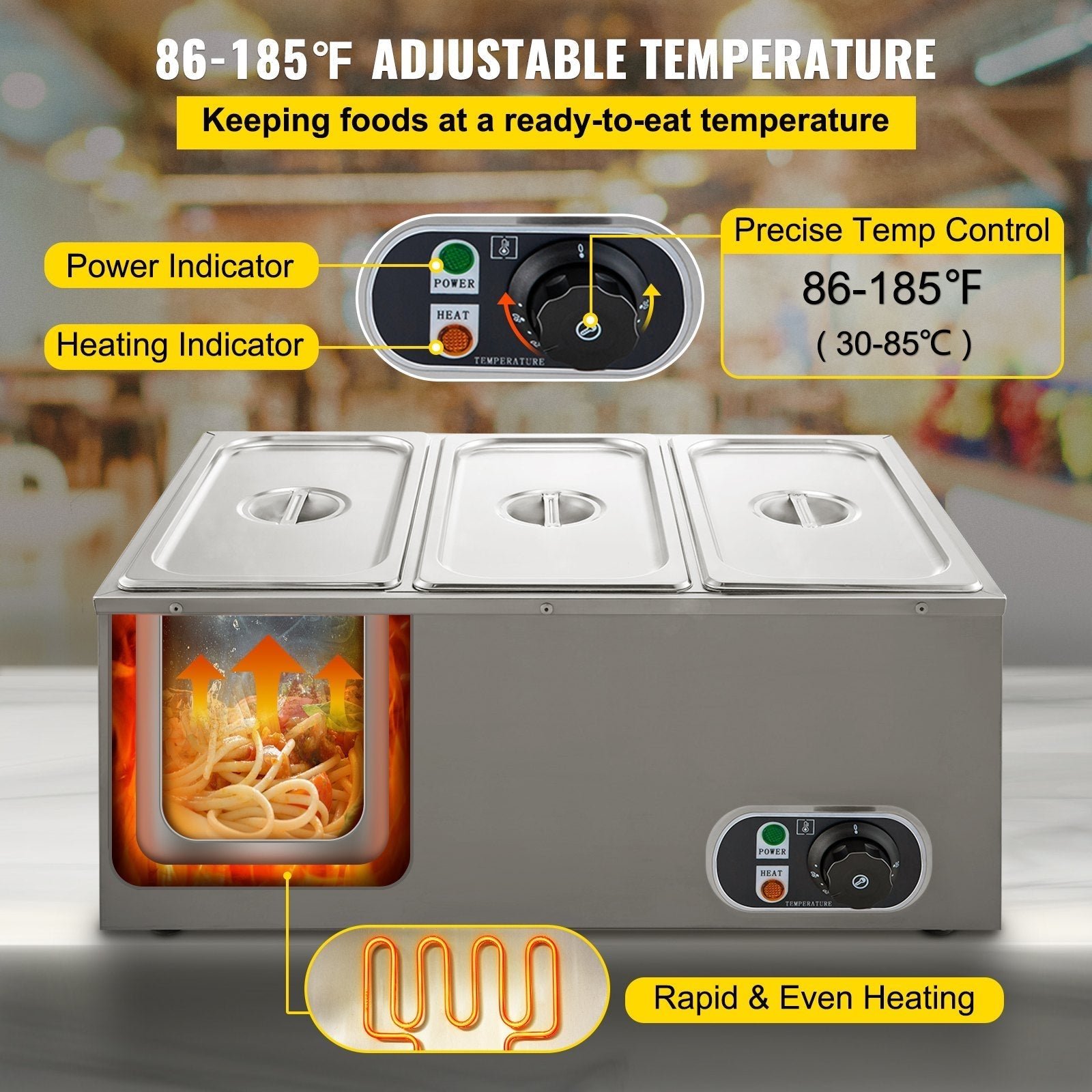 VEVOR 110V Commercial Food Warmer Electric Food Warmer 3-Pan with Tap Stainless Steel Bain Marie Buffet 850W Food Warmer Steam Table for Catering and Restaurants (3-Pan/850W)
