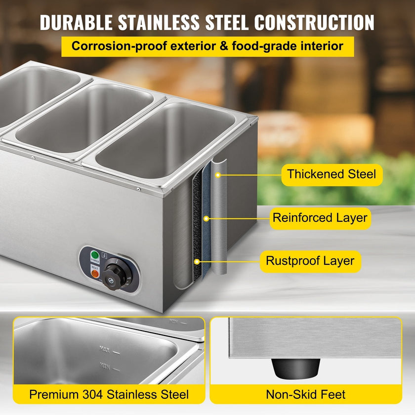VEVOR 110V Commercial Food Warmer Electric Food Warmer 3-Pan with Tap Stainless Steel Bain Marie Buffet 850W Food Warmer Steam Table for Catering and Restaurants (3-Pan/850W)