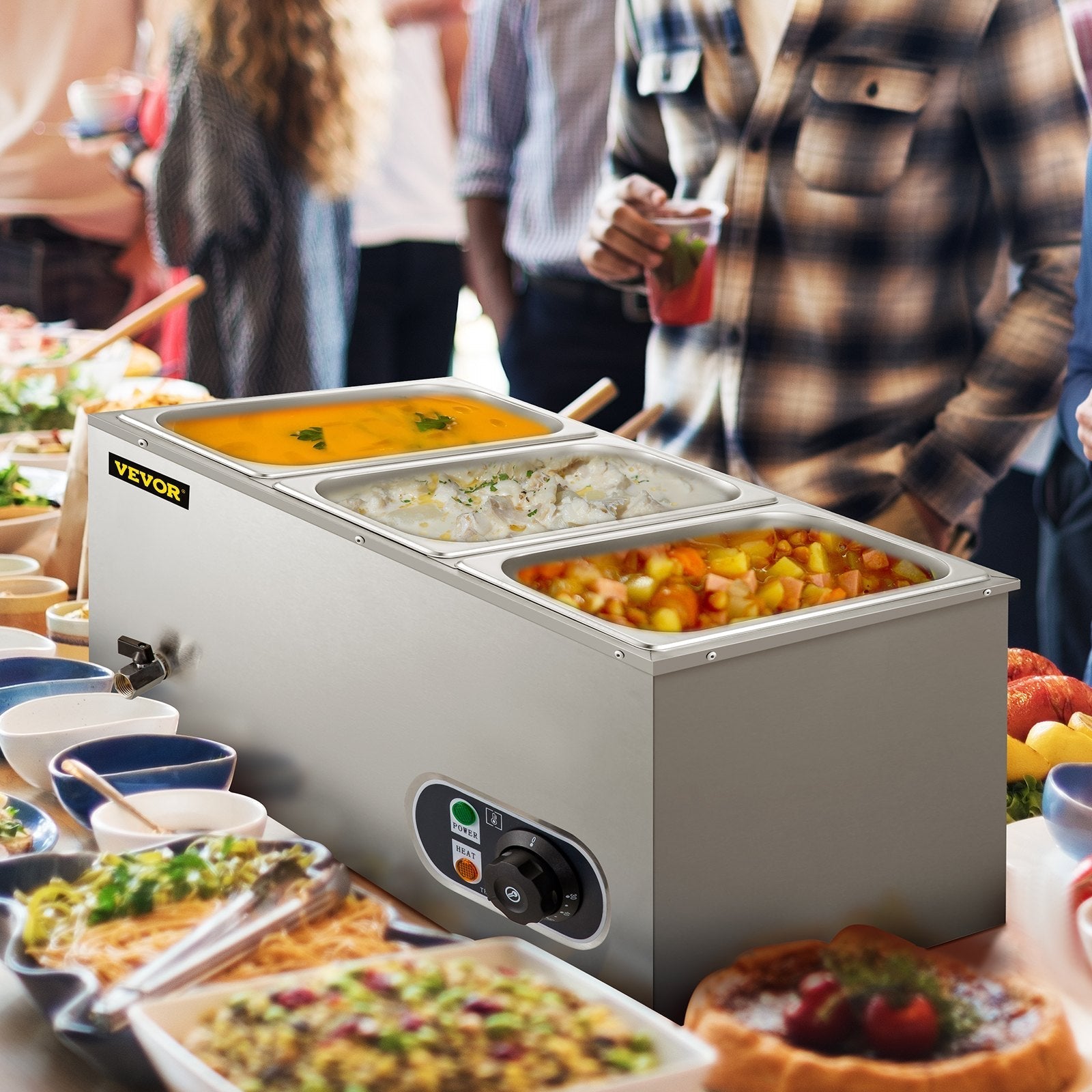 VEVOR 110V Commercial Food Warmer Electric Food Warmer 3-Pan with Tap Stainless Steel Bain Marie Buffet 850W Food Warmer Steam Table for Catering and Restaurants (3-Pan/850W)