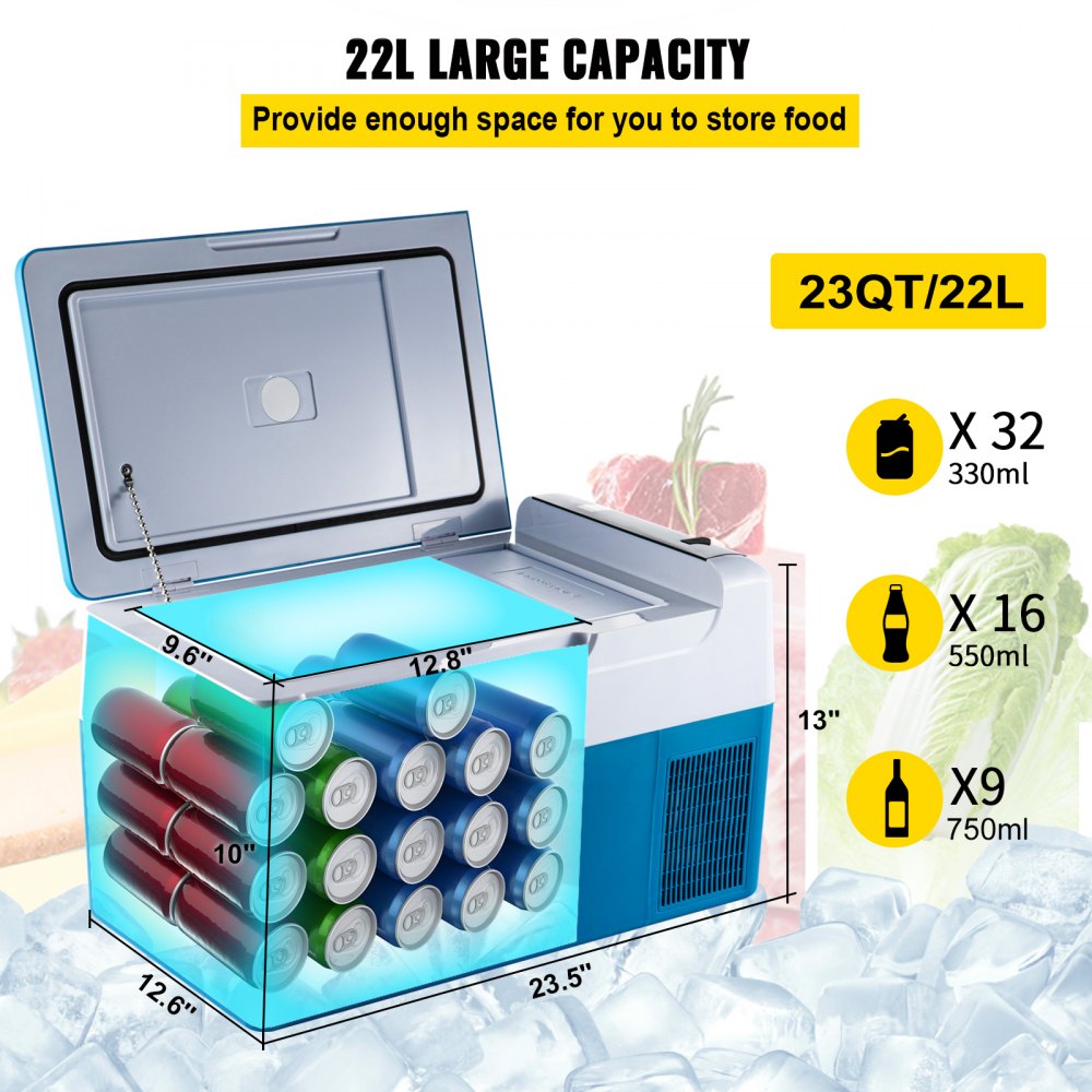 VEVOR Portable Refrigerator 23 Quart(22 Liter),12 Volt Refrigerator App Control(-4?~68?), Car Refrigerator Electric Compressor Cooler with 12/24v DC & 110-240v AC for Camping, Travel, Fishing, Outdoor