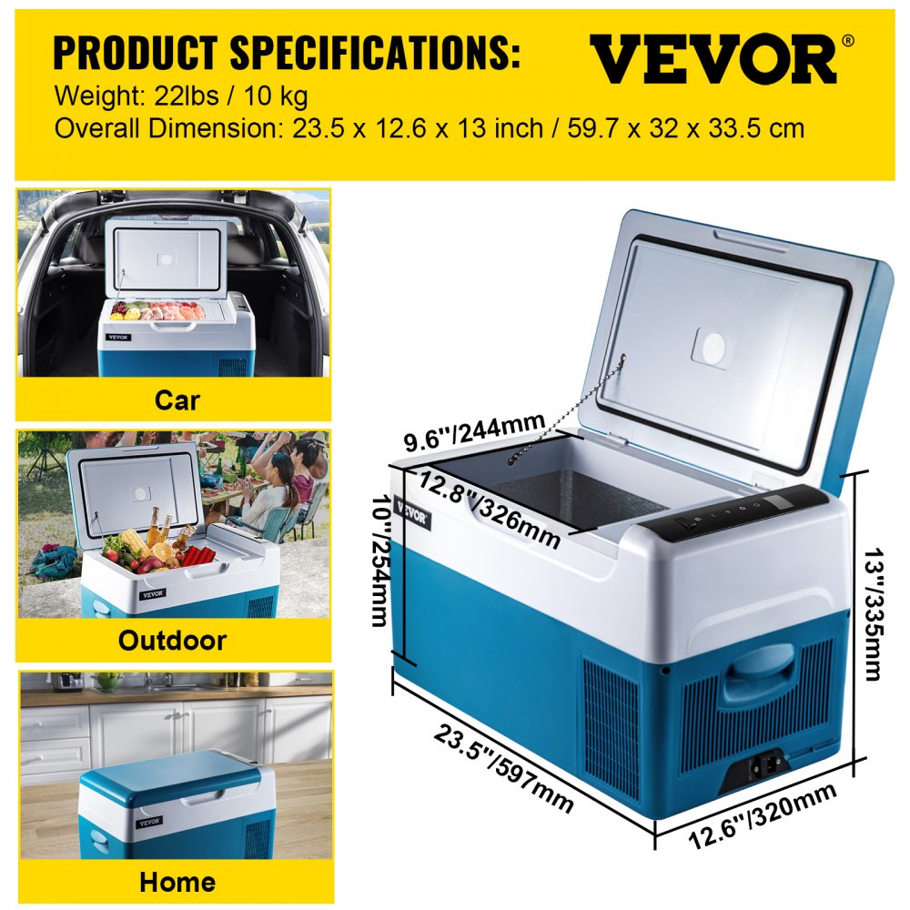 VEVOR Portable Refrigerator 23 Quart(22 Liter),12 Volt Refrigerator App Control(-4?~68?), Car Refrigerator Electric Compressor Cooler with 12/24v DC & 110-240v AC for Camping, Travel, Fishing, Outdoor