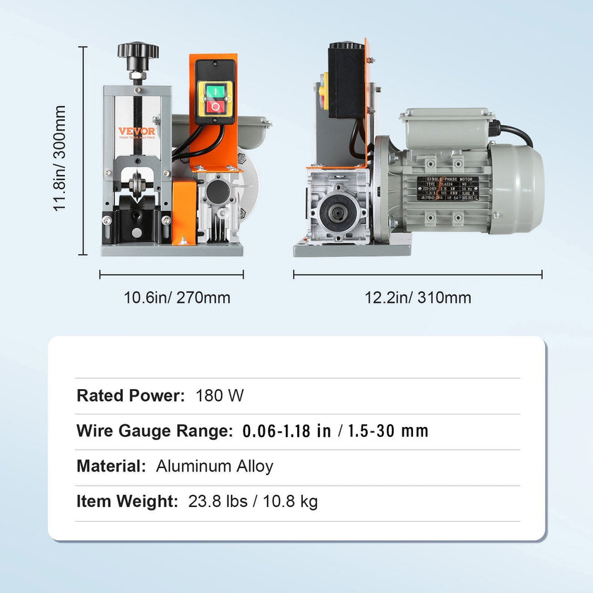 VEVOR Automatic Wire Stripping Machine, 0.06''-0.98'' Electric Motorized Cable Stripper, 180 W, 60 ft/min Wire Peeler with Visible Stripping Depth Reference, for Scrap Copper Recycling