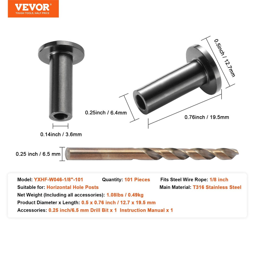VEVOR 101 Pack T316 Stainless Steel Protector Sleeves for 1/8