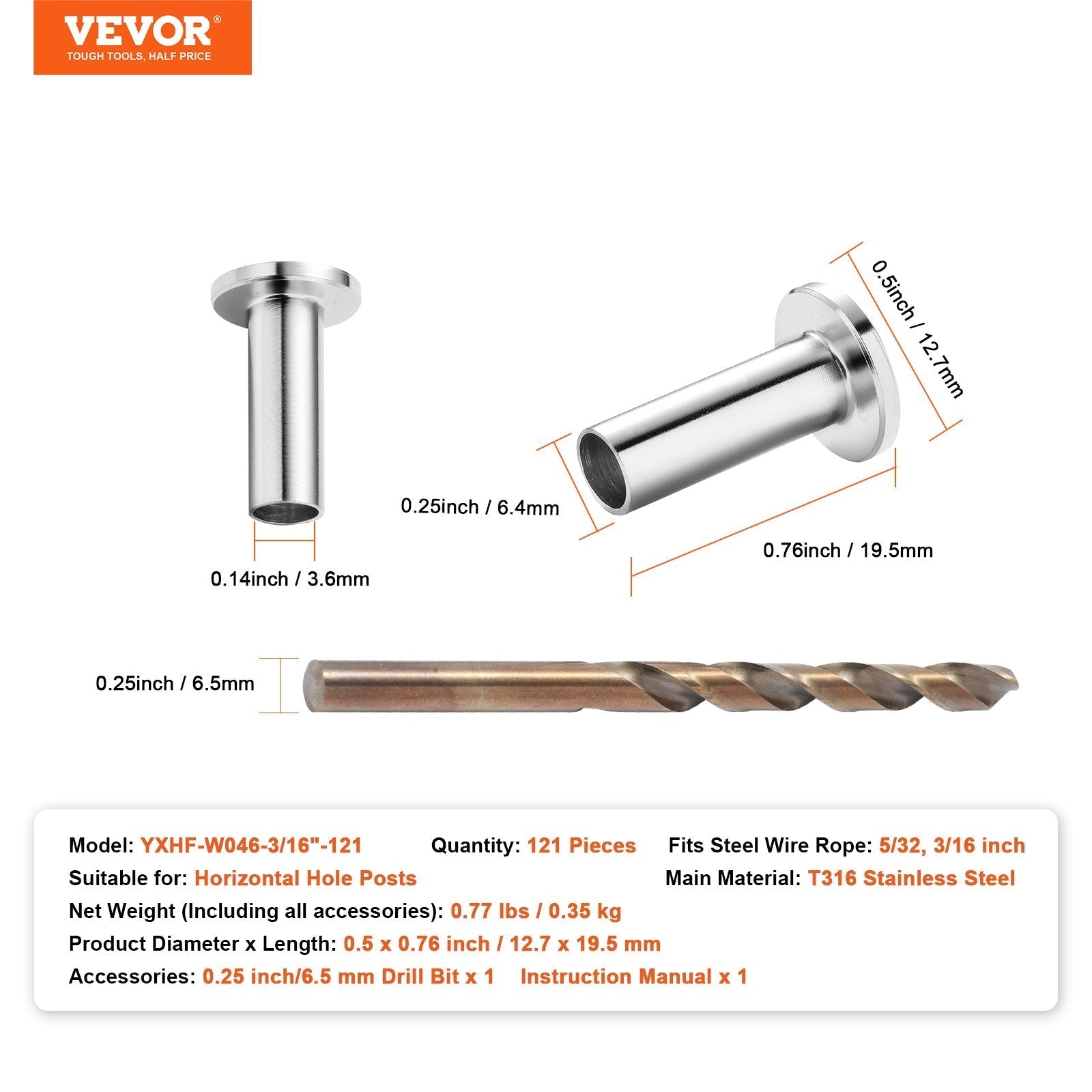 VEVOR 121 Pack T316 Stainless Steel Protector Sleeves for 5/32