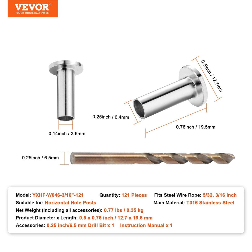 VEVOR 121 Pack T316 Stainless Steel Protector Sleeves for 5/32