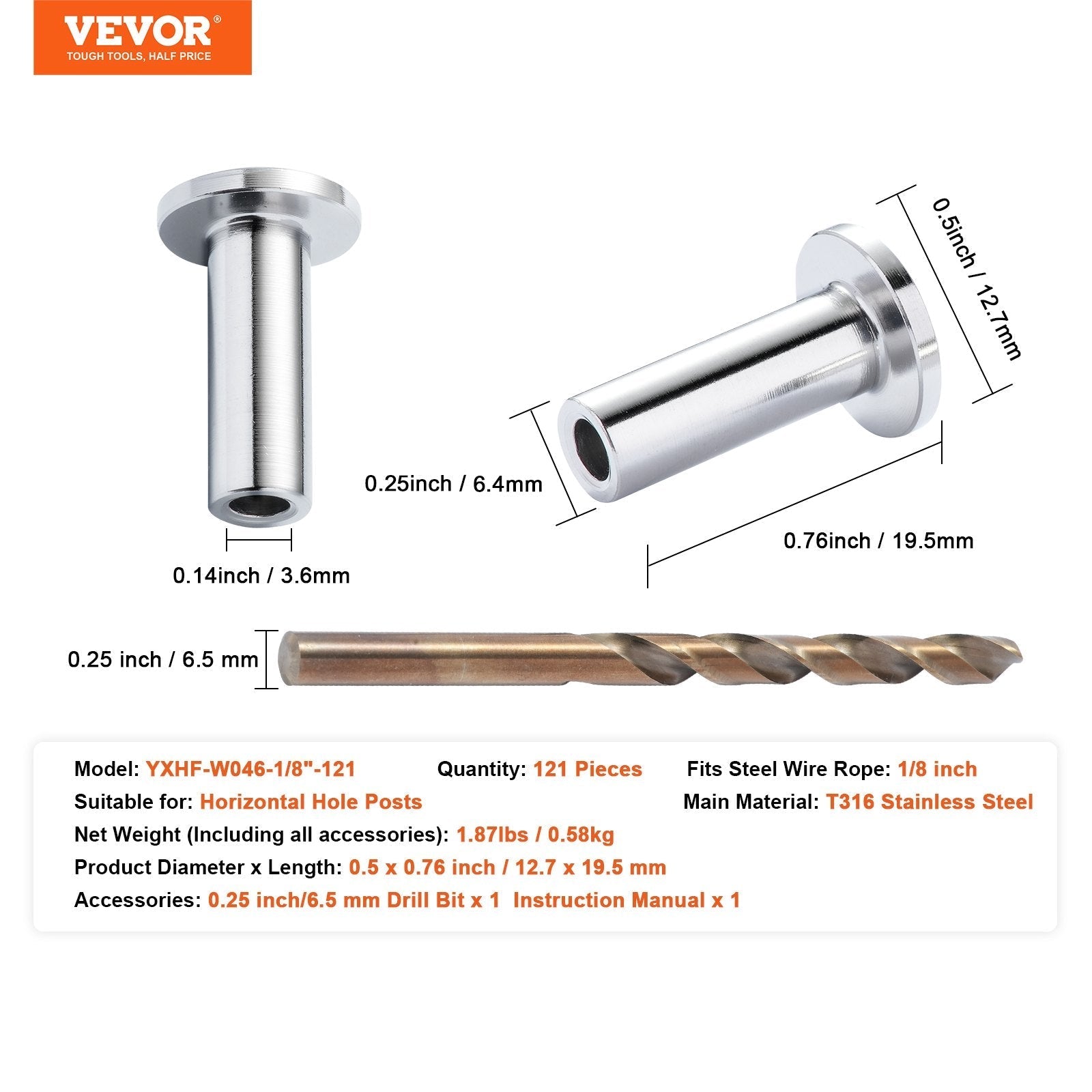 VEVOR 121 Pack T316 Stainless Steel Protector Sleeves for 1/8