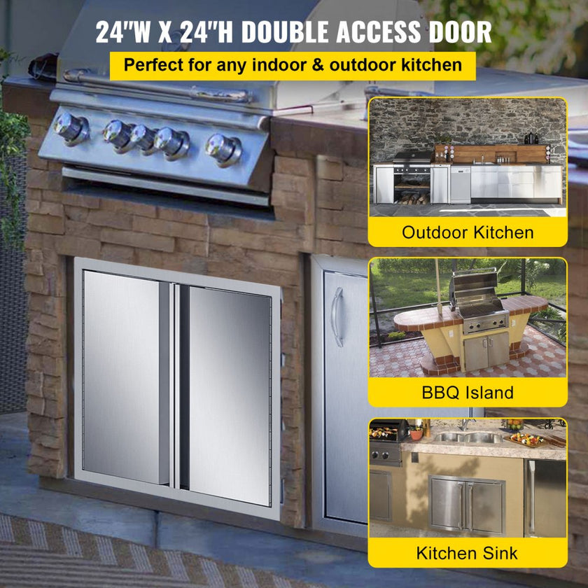 VEVOR BBQ Access Door 24 x 24 Inch, Double BBQ Door Stainless Steel with Recessed Handle, Outdoor Kitchen Doors for BBQ Island, Grill Station, Outside Cabinet