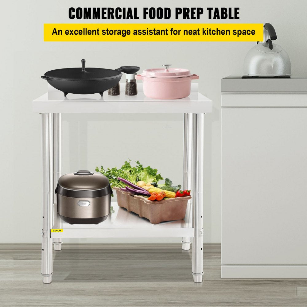 VEVOR Stainless Steel Prep Table, 30 x 24 x 35 Inch, 440lbs Load Capacity Heavy Duty Metal Worktable with Backsplash and Adjustable Undershelf, Commercial Workstation for Kitchen Restaurant