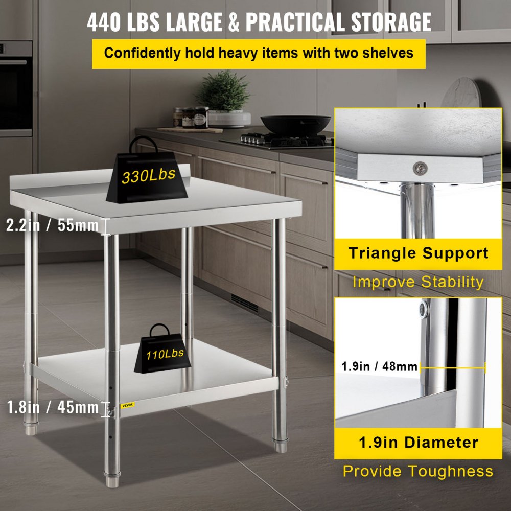 VEVOR Stainless Steel Prep Table, 30 x 24 x 35 Inch, 440lbs Load Capacity Heavy Duty Metal Worktable with Backsplash and Adjustable Undershelf, Commercial Workstation for Kitchen Restaurant