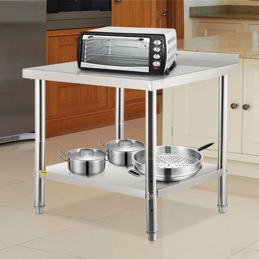 VEVOR Stainless Steel Prep Table, 36 x 24 x 35 Inch, 440lbs Load Capacity Heavy Duty Metal Worktable with Backsplash and Adjustable Undershelf, Commercial Workstation for Kitchen Restaurant