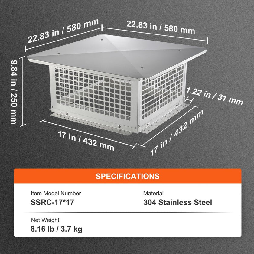 VEVOR Chimney Cap, 17 x 17 inch, 304 Stainless Steel Fireplace Chimney Cover, Not Easily Toppled & Practical Accessories & Easy Installation, Fits Mesh Flue Covers Outside Clay Flue Shingles, Silver