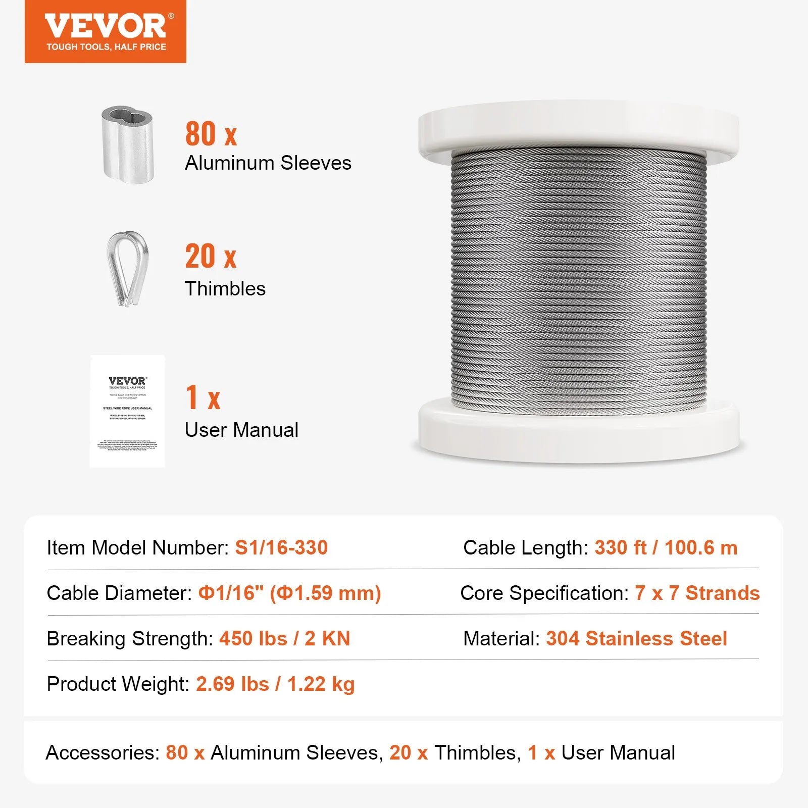 VEVOR T304 Stainless Steel Cable 1/16